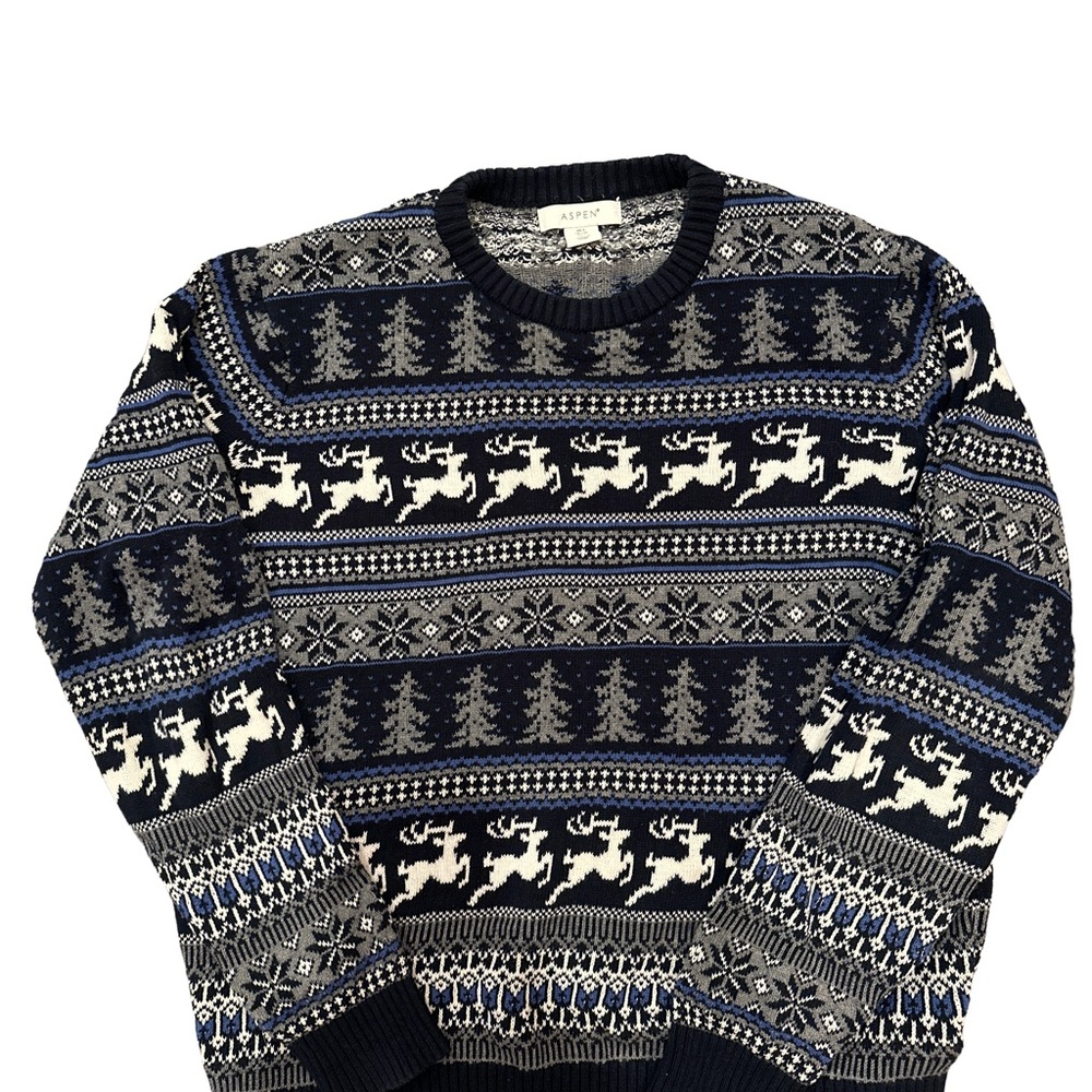 Aspen Sweater Men’s Blue Gray Deer Snowflake Stripe Winter Ski Sweater - Size L